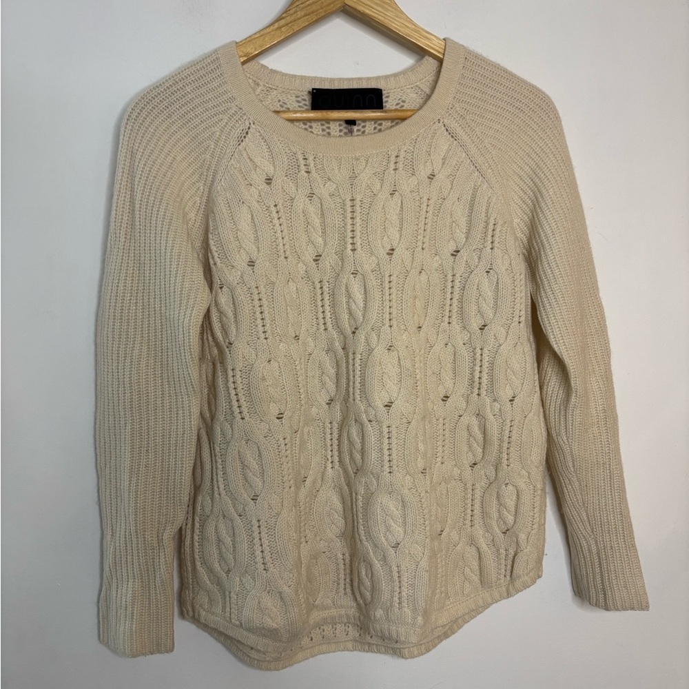 Quinn Cashmere Cream Cable Knit Crewneck Fisherman Sweater